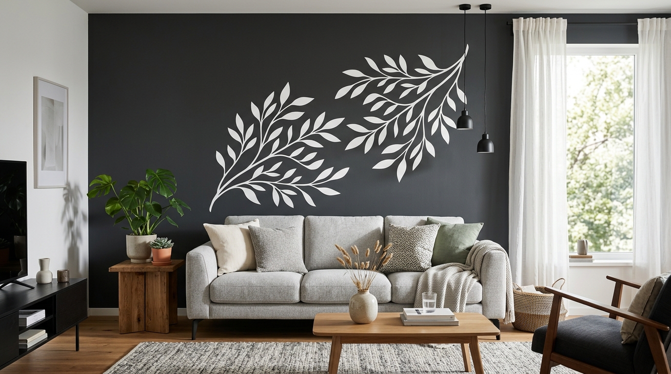 Botanical wall decal in a living room – white vinyl on a dark wall by Stoff3 Kassel